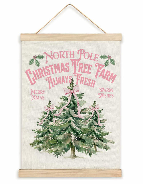 Load image into Gallery viewer, North Pole Village Christmas Wall Decor Pink Bows 12x16 Inch Farmhouse Art
