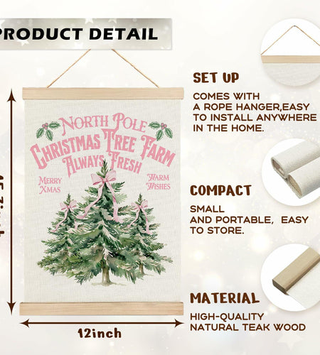 North Pole Village Christmas Wall Decor Pink Bows 12x16 Inch Farmhouse Art