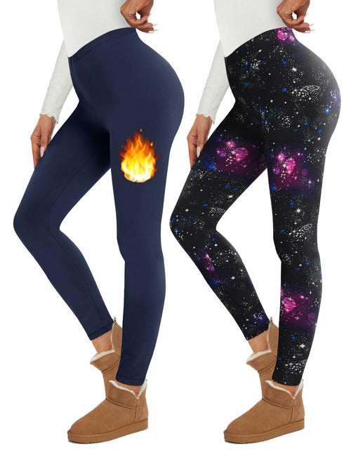 Load image into Gallery viewer, Thermal Fleece Lined Leggings Women Navy Blue and Galaxy 2 Pack Size S/M
