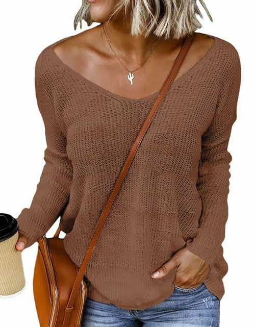 Load image into Gallery viewer, Dokotoo Womens V-Neck Off Shoulder Striped Ribbed Knit Pullover Black Size L
