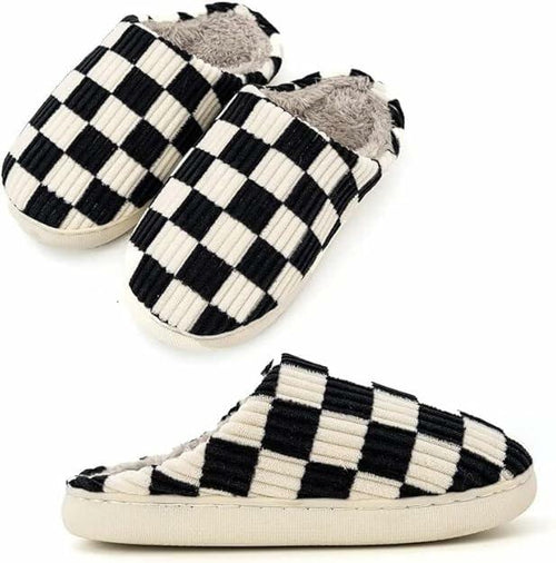 Load image into Gallery viewer, kissxiaoya Unisex Plaid Memory Foam House Slippers Black Size 4-4.5

