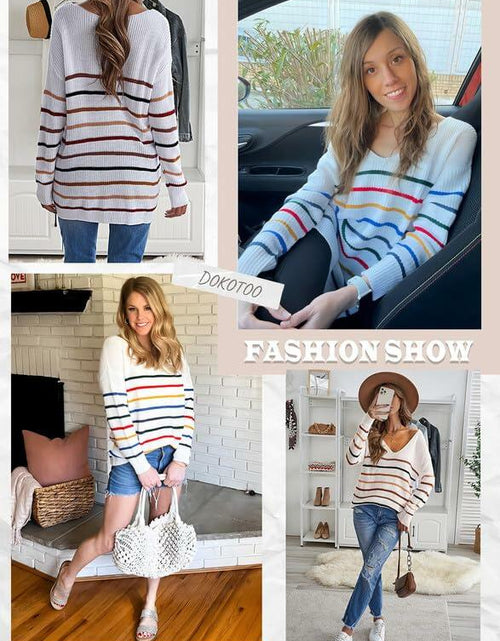 Load image into Gallery viewer, Dokotoo Womens V-Neck Off Shoulder Striped Ribbed Knit Pullover Black Size L
