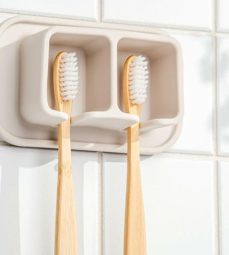 ONUCP Silicone Suction Toothbrush Holder 2-Slot Wall Mount Sand Beige