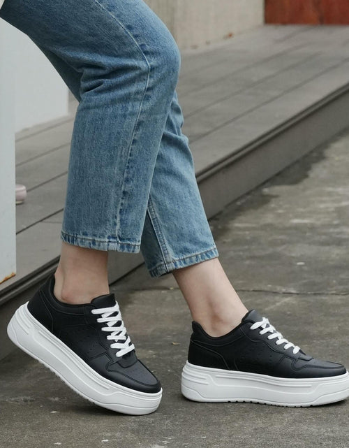 Load image into Gallery viewer, JABASIC Women Platform Sneakers Low Top Lace Up Walking Shoes Black Size 7
