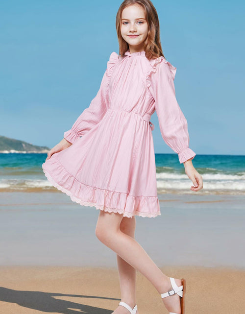 Load image into Gallery viewer, WULFUL Girls Long Sleeve Flared Belted A-line Dress Pink Size 7-8
