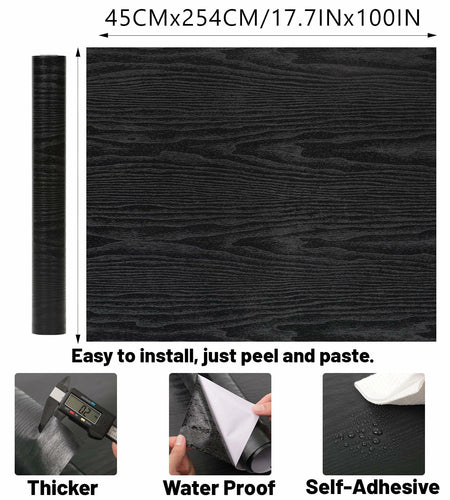 LOVADA Peel and Stick Black Wood Wallpaper 17.5x100 Inch Self Adhesive