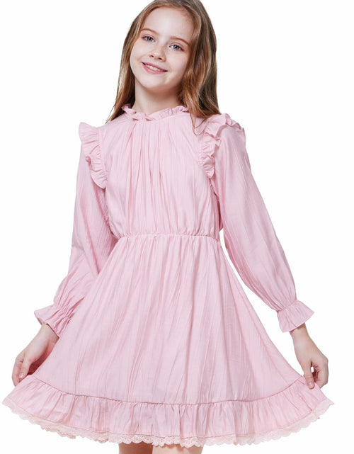 Load image into Gallery viewer, WULFUL Girls Long Sleeve Flared Belted A-line Dress Pink Size 7-8
