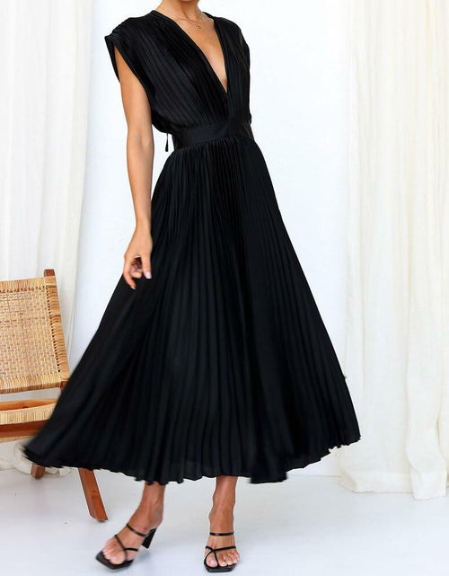 Load image into Gallery viewer, kiobrvhe Satin V Neck Pleated Midi Dress Sleeveless Black Size S
