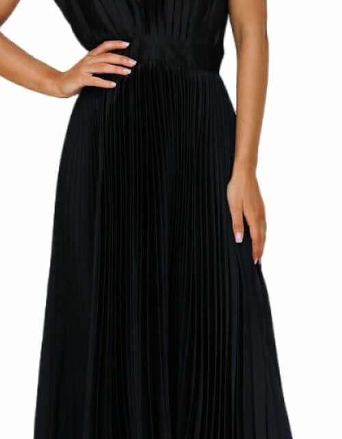 Load image into Gallery viewer, kiobrvhe Satin V Neck Pleated Midi Dress Sleeveless Black Size S
