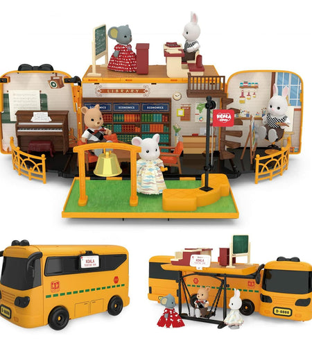 Kids Dollhouse Playset Portable School Bus with 46 Accessories Multicolor