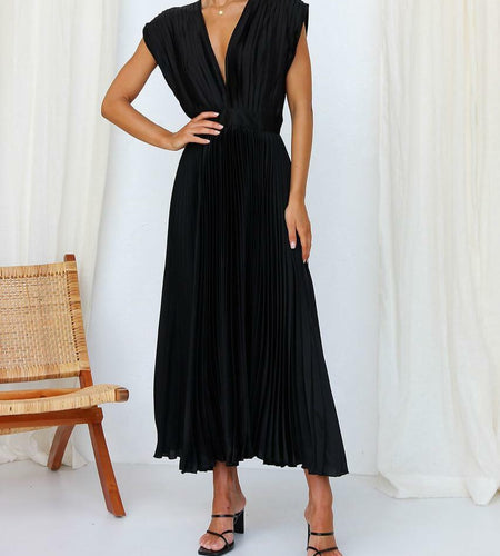 kiobrvhe Satin V Neck Pleated Midi Dress Sleeveless Black Size S