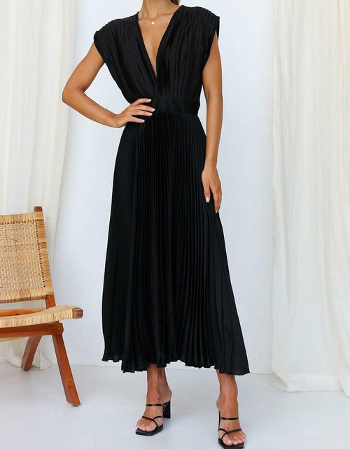 Load image into Gallery viewer, kiobrvhe Satin V Neck Pleated Midi Dress Sleeveless Black Size S
