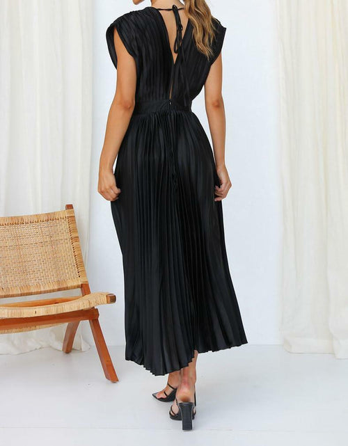 Load image into Gallery viewer, kiobrvhe Satin V Neck Pleated Midi Dress Sleeveless Black Size S
