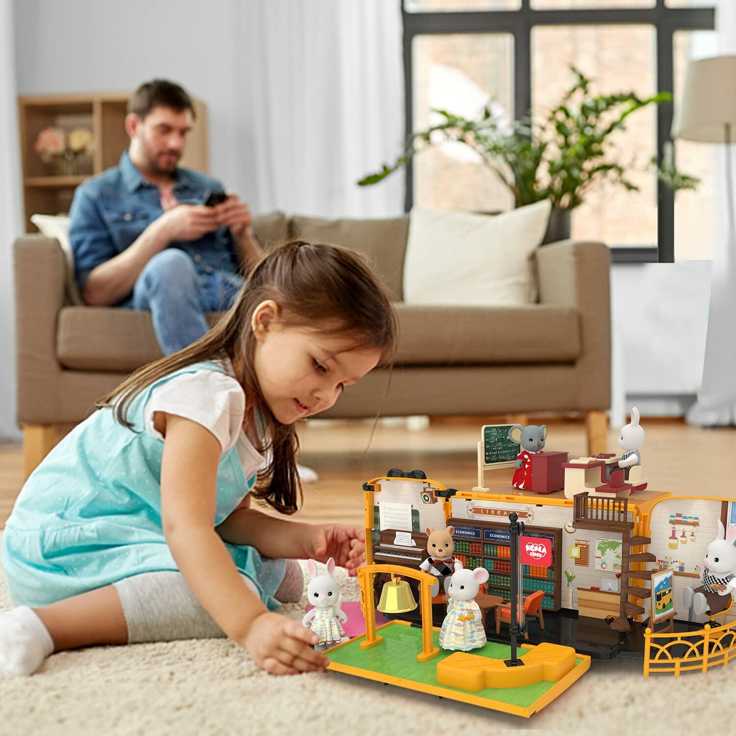 Kids Dollhouse Playset Portable School Bus with 46 Accessories Multicolor