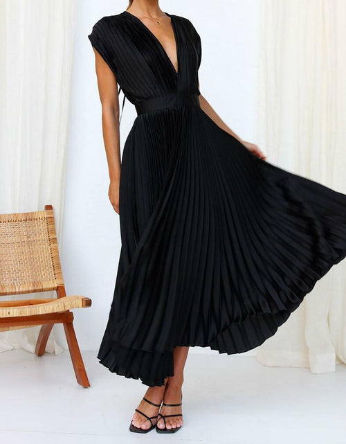 Load image into Gallery viewer, kiobrvhe Satin V Neck Pleated Midi Dress Sleeveless Black Size S
