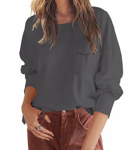 Women’s Crewneck Sweatshirt Long Sleeve Loose Fit Top w/ Pockets Dark Grey S