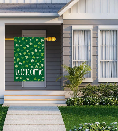 ZAEW St. Patrick's Day Shamrocks Burlap House Flag 28x40 Inch Green Double Sided