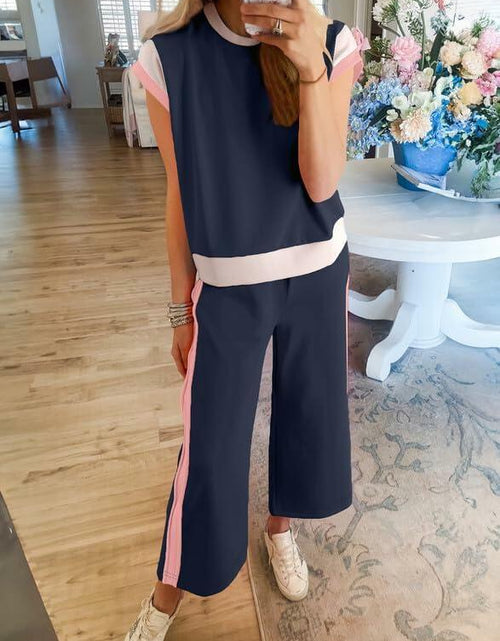 Load image into Gallery viewer, SHEWIN 2PC Women's Lounge Set Short Sleeve Top Wide Leg Pants Navy Blue Size S
