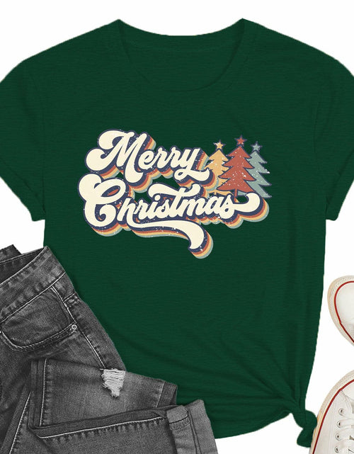 Load image into Gallery viewer, Merry Christmas Family Tee Shirt Women Vintage Xmas Top Green Size L
