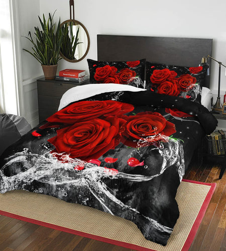 AILONEN 3D Oil Painting Red Rose Comforter Set Twin Size 3 Pieces