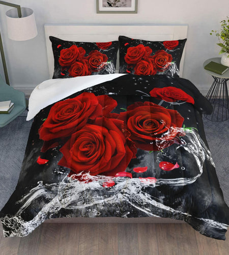 AILONEN 3D Oil Painting Red Rose Comforter Set Twin Size 3 Pieces