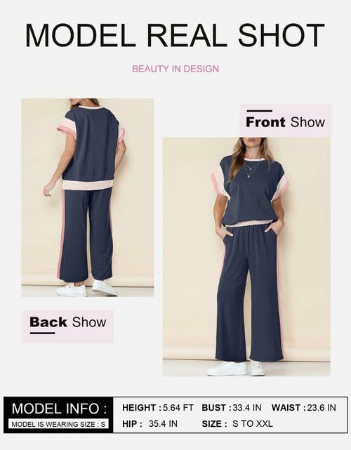 Load image into Gallery viewer, SHEWIN 2PC Women's Lounge Set Short Sleeve Top Wide Leg Pants Navy Blue Size S
