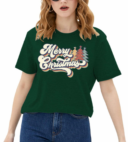 Merry Christmas Family Tee Shirt Women Vintage Xmas Top Green Size L