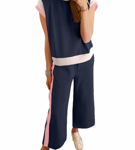 SHEWIN 2PC Women's Lounge Set Short Sleeve Top Wide Leg Pants Navy Blue Size S