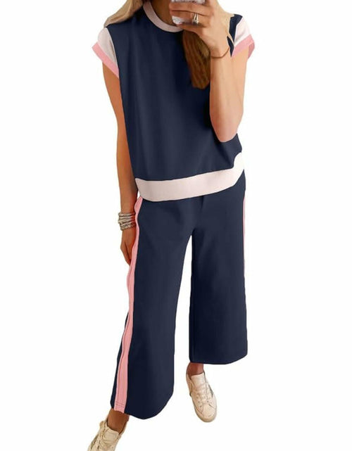 Load image into Gallery viewer, SHEWIN 2PC Women's Lounge Set Short Sleeve Top Wide Leg Pants Navy Blue Size S
