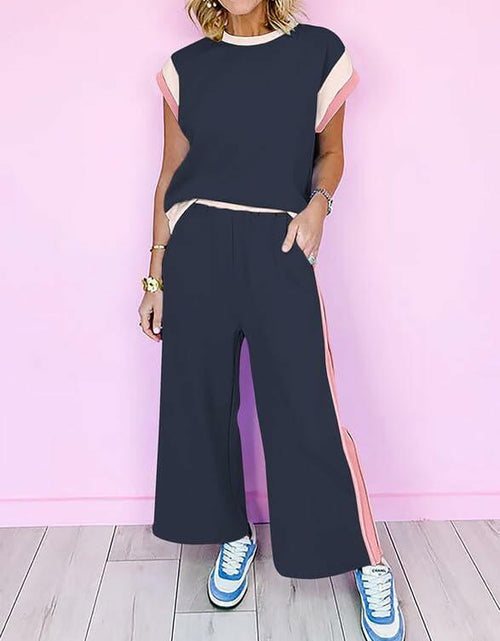 Load image into Gallery viewer, SHEWIN 2PC Women's Lounge Set Short Sleeve Top Wide Leg Pants Navy Blue Size S
