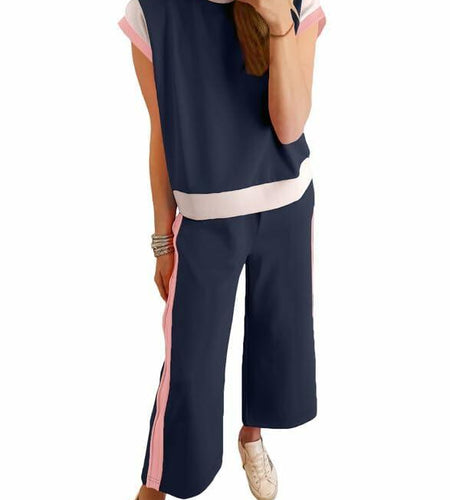 SHEWIN 2PC Women's Lounge Set Short Sleeve Top Wide Leg Pants Navy Blue Size S