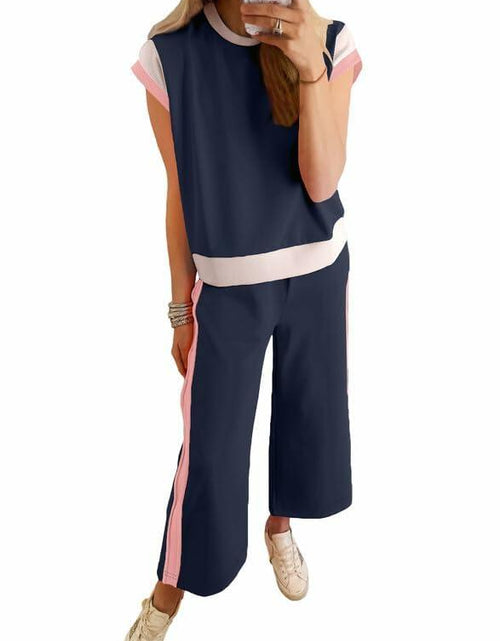 Load image into Gallery viewer, SHEWIN 2PC Women's Lounge Set Short Sleeve Top Wide Leg Pants Navy Blue Size S
