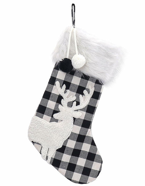 Load image into Gallery viewer, USILAND Christmas Stocking 20in Buffalo Check Pom Pom Faux Fur Black White

