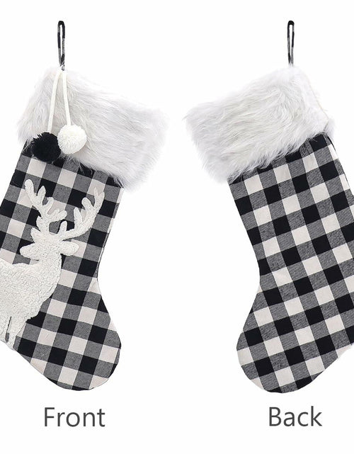 Load image into Gallery viewer, USILAND Christmas Stocking 20in Buffalo Check Pom Pom Faux Fur Black White
