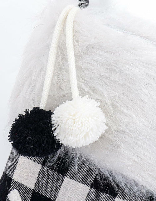 Load image into Gallery viewer, USILAND Christmas Stocking 20in Buffalo Check Pom Pom Faux Fur Black White
