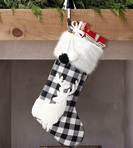 USILAND Christmas Stocking 20in Buffalo Check Pom Pom Faux Fur Black White