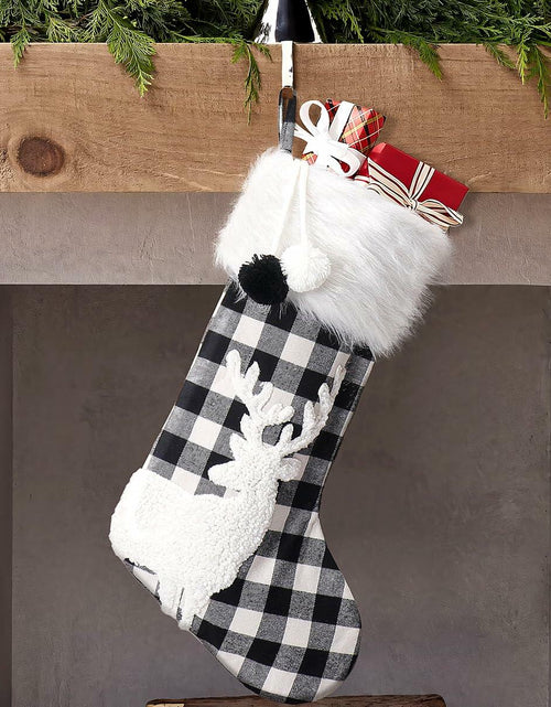 Load image into Gallery viewer, USILAND Christmas Stocking 20in Buffalo Check Pom Pom Faux Fur Black White
