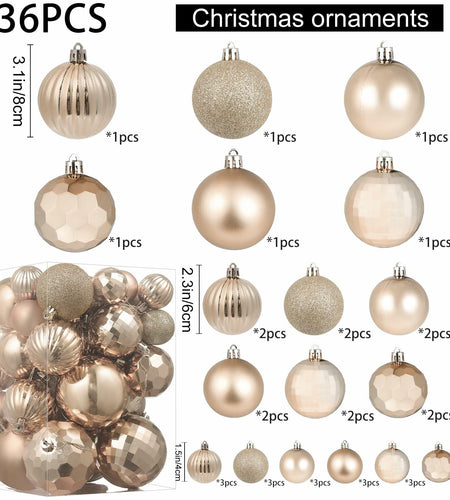 YiYunFloral Christmas Ball Ornaments 36pcs Shatterproof Champagne Xmas Decor