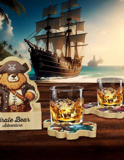 Load image into Gallery viewer, Pirate Bamboo Coasters Set with Holder Rustic Home Decor 6pcs
