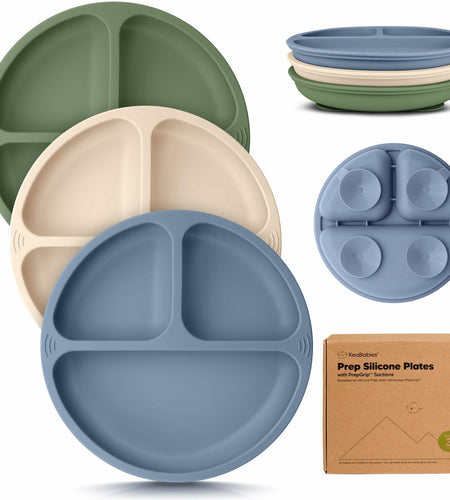 KeaBabies Silicone Suction Toddler Plates Divided 3-Pack Slate BPA-Free