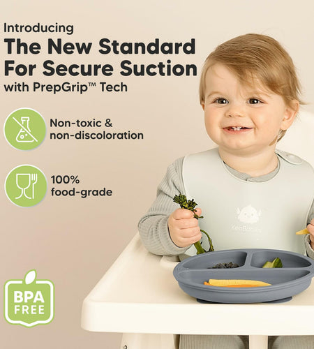 KeaBabies Silicone Suction Toddler Plates Divided 3-Pack Slate BPA-Free