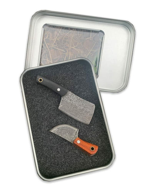 Load image into Gallery viewer, KOWAKA Mini Pocket Knives Set 2 Damascus Pattern Tiny Knife with Sheath
