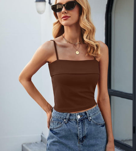 ZANZEA Adjustable Spaghetti Strap Tank Top Brown Size Small