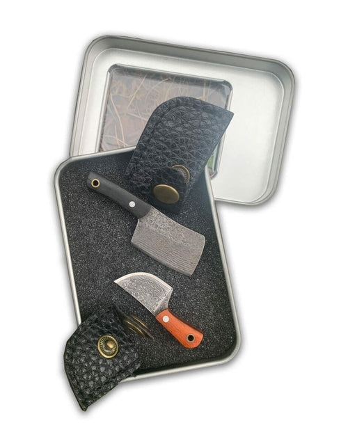 Load image into Gallery viewer, KOWAKA Mini Pocket Knives Set 2 Damascus Pattern Tiny Knife with Sheath
