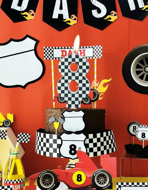 Load image into Gallery viewer, Racing Car Number 8 Birthday Candle Topper Checkered Cake Decor for Kids
