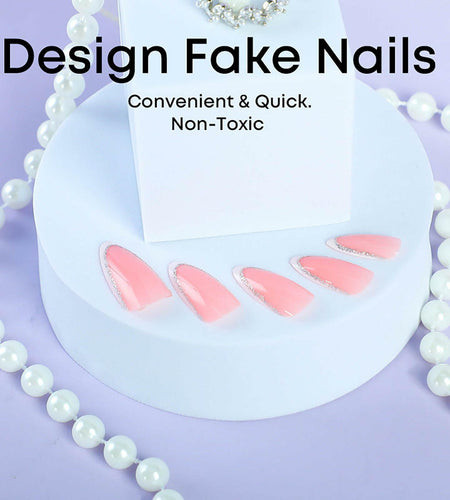 RUOKEXIN Almond Medium Pink Press On Nails Silver Glitter White Tips 24pcs