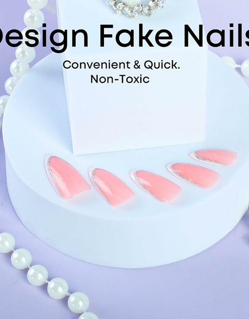 Load image into Gallery viewer, RUOKEXIN Almond Medium Pink Press On Nails Silver Glitter White Tips 24pcs
