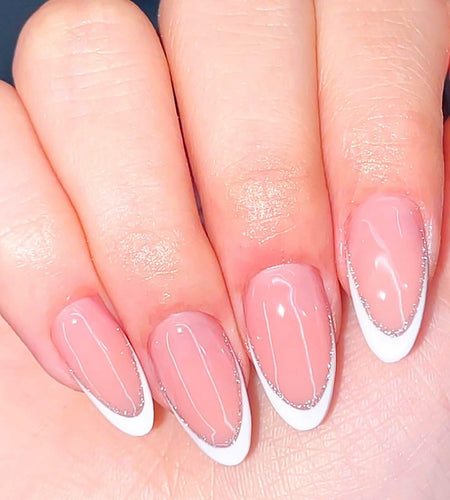 RUOKEXIN Almond Medium Pink Press On Nails Silver Glitter White Tips 24pcs