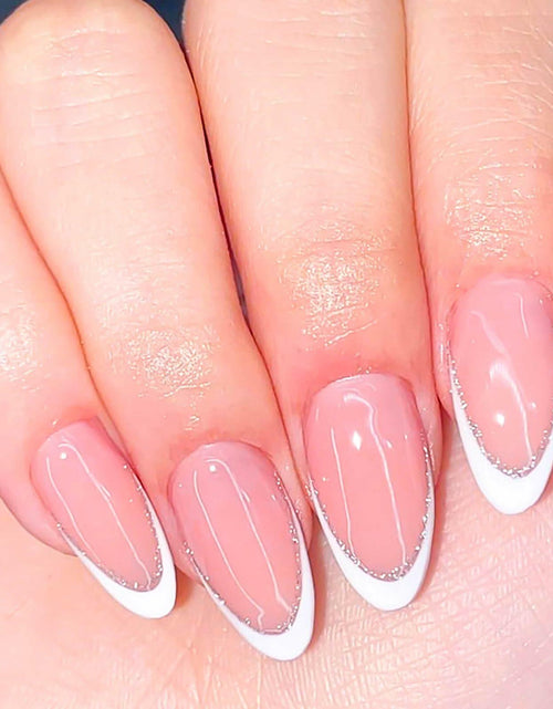 Load image into Gallery viewer, RUOKEXIN Almond Medium Pink Press On Nails Silver Glitter White Tips 24pcs

