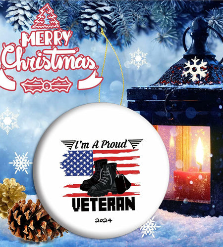 Veteran 2024 Military Ornament with US Flag Proud Army Veteran
